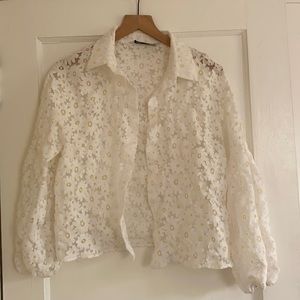 Sheer daisy print button down blouse